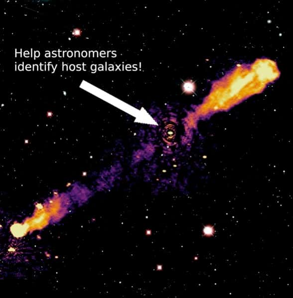  La galaxie qui héberge le trou noir à l’origine des jets radio a été identifiée grâce à la superposition des deux images, 3C236 est une radio-galaxie de type Fanaroff et Riley et de classe II (FR II). C'est l'une des plus grandes radio-galaxies connues, avec une structure radio ayant une taille linéaire totale supérieure à 15 millions d'années-lumière. © Lofar Radio Galaxy Zoo, Observatoire de Paris - PSL