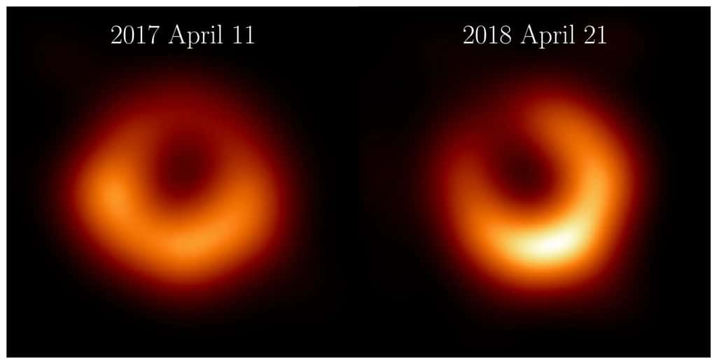 La collaboration <em>Event Horizon Telescope</em> a publié de nouvelles images de M87* à partir d'observations prises en avril 2018, un an après les premières observations d'avril 2017. Les nouvelles observations de 2018, qui mettent en vedette la première participation du télescope du Groenland, révèlent un anneau d'émission de la même taille que celui que nous avons trouvé en 2017. Cet anneau brillant entoure une ombre centrale sombre, et la partie la plus brillante de l'anneau en 2018 s'est décalée d'environ 30º par rapport à 2017 pour se situer maintenant à la position 5 heures. © EHT Collaboration