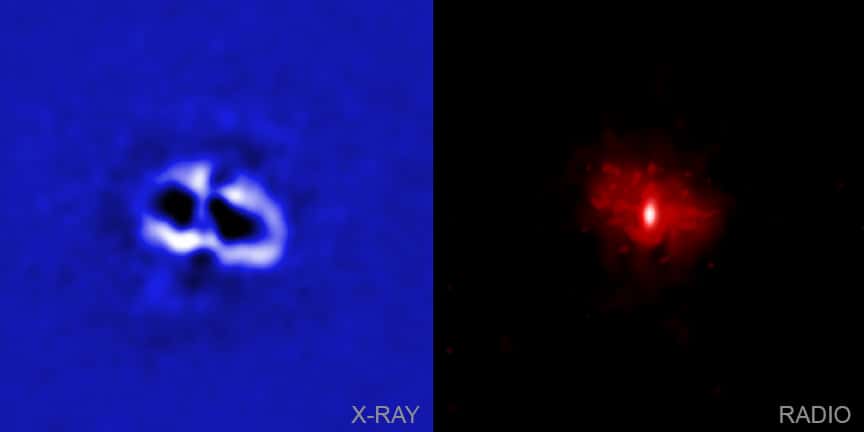 Toujours sur la gauche, l’amas de galaxies RBS 797 et, sur la droite, dans le domaine radio avec le VLA. © Rayons X : Nasa/CXC/Univ. de Bologne/F. Ubertosi; Radio : NSF/NRAO/Alma) 