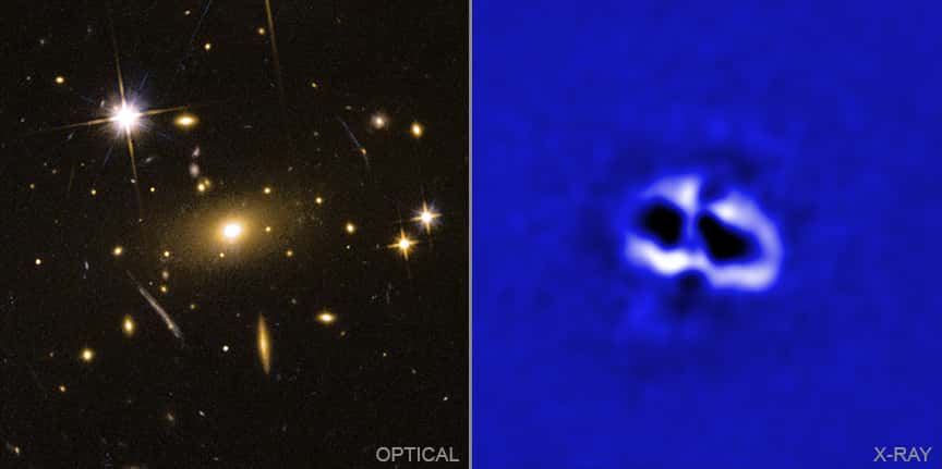 Sur la gauche, l’amas de galaxies RBS 797 observé dans le visible par Hubble et, sur la droite, la même image mais en rayons X avec Chandra. On voit des cavités dans le plasma du milieu intergalactique. © Visible : Nasa/STScl/M.Calzadilla; Rayons X; Nasa/CXC/Univ. de Bologne/F. Ubertosi