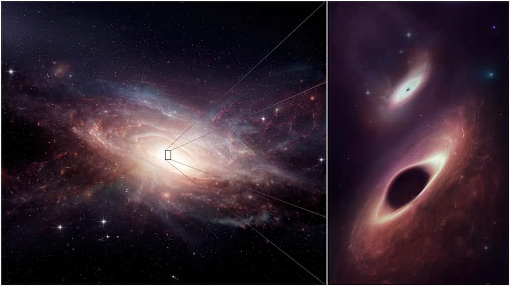Les scientifiques utilisant l'<em>Atacama Large Millimeter/submillimeter Array</em> (Alma) pour regarder profondément au cœur de la paire de galaxies fusionnées connue sous le nom d'UGC 4211 ont découvert deux trous noirs croissant côte à côte, à seulement 750 années-lumière l'un de l'autre. La vision d'artiste montre la fusion finale des galaxies en une seule et ses deux trous noirs centraux. Les trous noirs supermassifs binaires sont les plus proches jamais observés dans plusieurs longueurs d'onde. © Alma (ESO/NAOJ/NRAO) ; M. Weiss (NRAO/AUI/NSF)