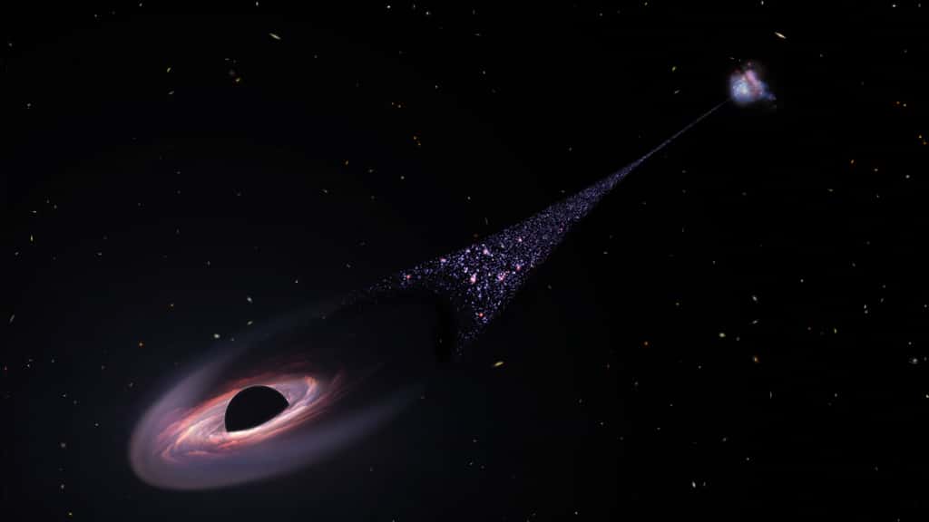 Ici, en vue d’artiste, un trou noir supermassif errant donnant naissance à des étoiles dans sa fuite à travers un nuage de gaz. Mais la traînée d’étoiles observée récemment par le télescope spatiale Hubble correspondrait finalement plus à une simple galaxie plate. © Nasa, ESA, Leah Hustak (STScI)