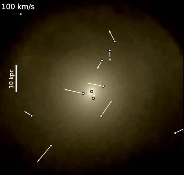 Une image de la simulation informatique Romulus montrant une galaxie de masse intermédiaire, sa région centrale brillante avec son trou noir supermassif, et les emplacements (et vitesses) des trous noirs supermassifs « errants » (ceux qui ne sont pas confinés au noyau ; le marqueur 10kpc correspond à une distance d'environ 32.000 années-lumière). Des simulations ont étudié l'évolution et l'abondance des trous noirs supermassifs errants ; dans l'univers primitif, ils contiennent la majeure partie de la masse qui se trouve dans les trous noirs géants. © Ricarte et al, 2021