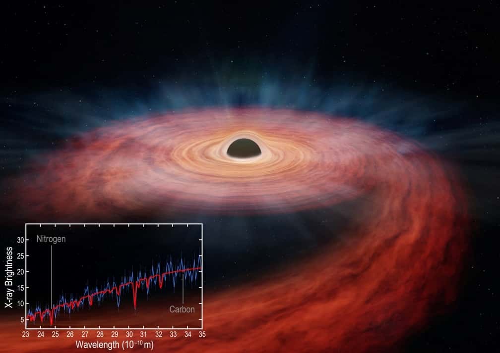 Un spectre en rayons X trahit des raies spectrales de l'azote (<em>nitrogen</em> en anglais) et du carbone, pour la matière entourant un trou noir supermassif juste après un TDE. © Nasa/CXC/Univ of Michigan/J. Miller et al.; Illustration: Nasa/CXC/M.Weiss