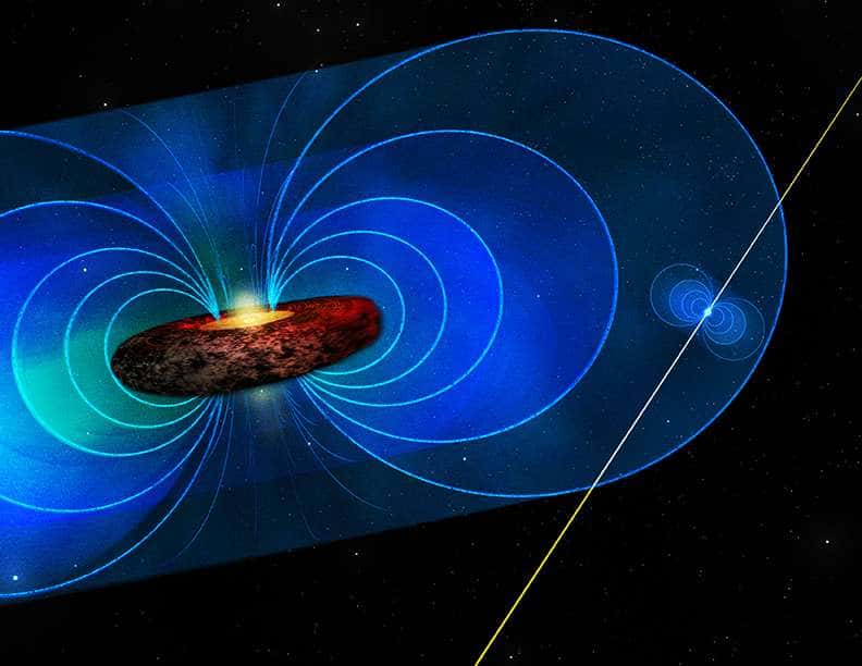 Cette image d'artiste montre, en bas à droite du trou noir supermassif au centre de la Voie lactée, le pulsar PSR J1745-2900, une étoile à neutrons. Il doit être situé à environ une demi-année-lumière du trou noir central, loin du disque d'accrétion en forme de tore contenant de la poussière et du plasma. Dans ce disque, des phénomènes magnétohydrodynamiques engendrent un puissant champ magnétique dont les lignes de champs sont représentées en bleu. © Bill Saxton, NRAO-AUI-NSF 
