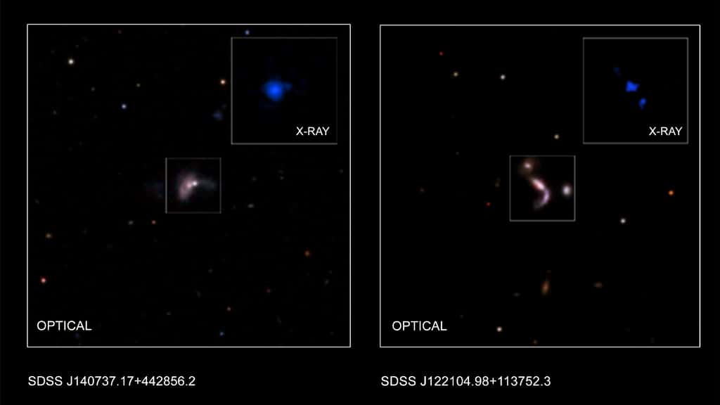Deux trous noirs supermassifs binaires observés aux rayons X (<em>X-ray</em>, en anglais sur les images) par Chandra et associés à des galaxies en interaction vues dans le visible (<em>optical</em>). © Nasa