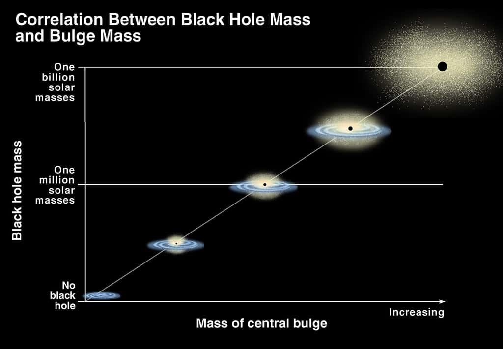 Une illustration montrant la relation entre la masse des trous noirs supermassifs et la masse des bulbes (<em>bulge,</em> en anglais) galactiques. © K. Cordes, S. Brown