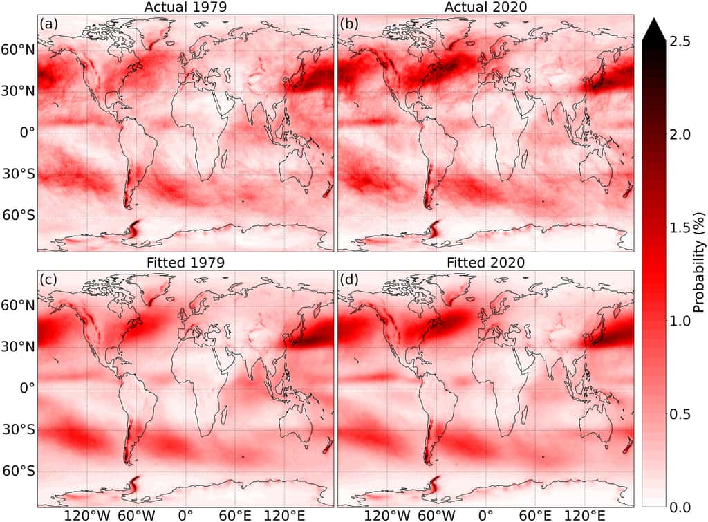 En rouge foncé, les zones où les turbulences ont le plus augmenté entre 1979 et 2020 selon deux modèles différents. © <em>Geophysical Research Letters</em>