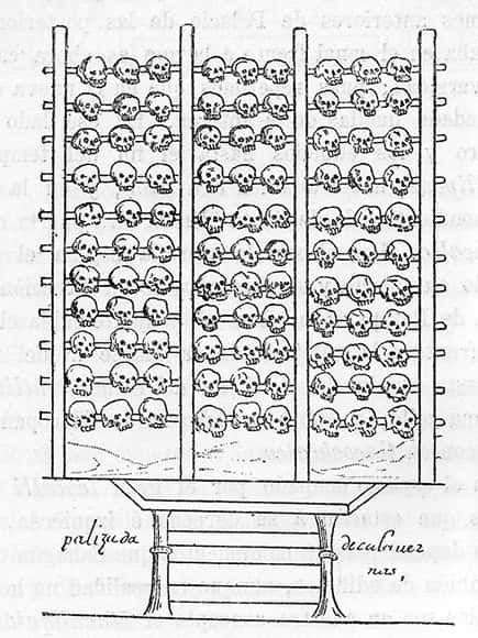 Représentation d'un tzompantli dans le Codex Duran. © Wikipedia
