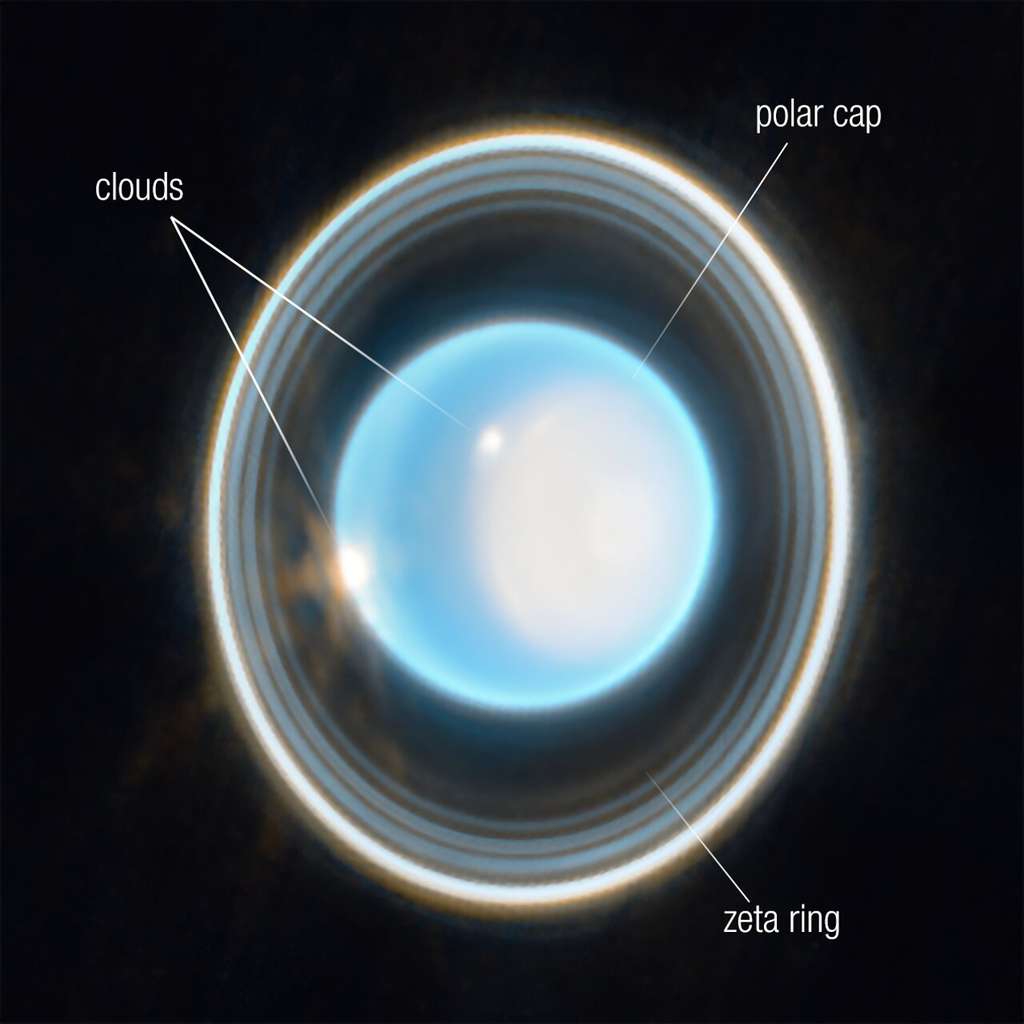 Uranus a 13 anneaux connus et 11 d'entre eux sont visibles sur cette image Webb. Certains de ces anneaux sont si brillants avec Webb que lorsqu'ils sont rapprochés, ils semblent se fondre en un anneau plus grand. Neuf sont classés comme les anneaux principaux de la planète, et deux sont les anneaux poussiéreux les plus faibles, comme l'anneau zêta diffus le plus proche de la planète. On voit aussi clairement en fausses couleurs des nuages (<em>clouds</em>) et une calotte polaire (<em>polar cap</em>). © Nasa, ESA, ASC, STScI. Traitement d'image : J. DePasquale (STScI)