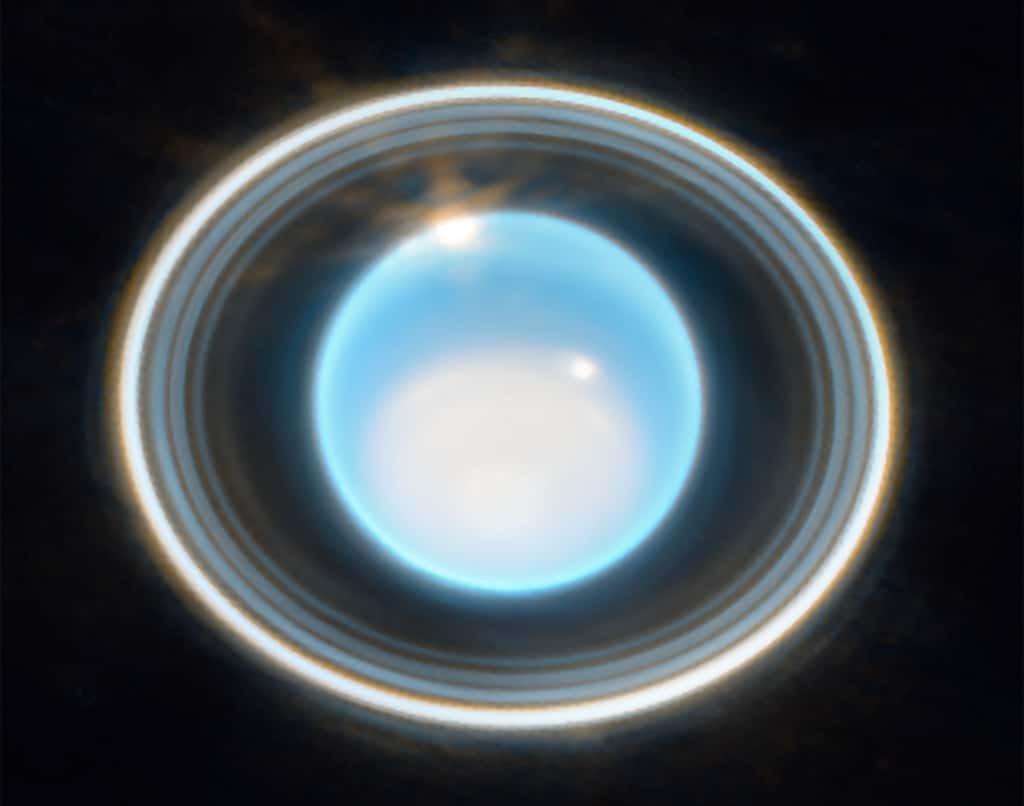 Cette image agrandie d'Uranus, capturée par la caméra proche infrarouge de Webb (NIRCam) le 2 février 2023, révèle une vue imprenable sur les anneaux de la planète. © Nasa, ESA, ASC, STScI. Traitement d'image : J. DePasquale (STScI)
