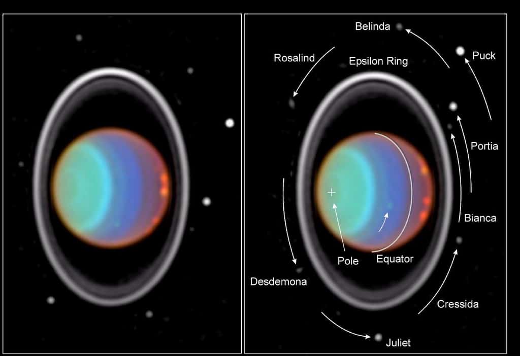 Une image en fausses couleurs d'Uranus observée par Hubble. L'image de droite précise la position de plusieurs des lunes d'Uranus. © Nasa