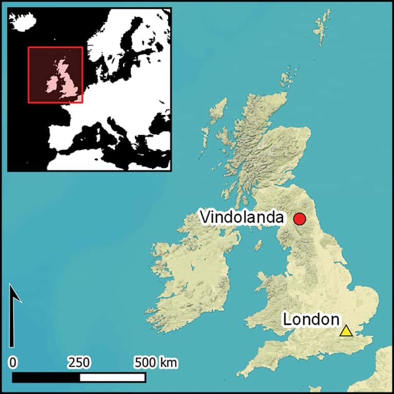 Le fort de Vindolanda est situé à proximité du mur d'Hadrien, érigé au II<sup>e</sup> siècle de notre ère pour protéger le nord de l'Empire romain. © Collins &amp; Sands (2023), Cambridge University Press