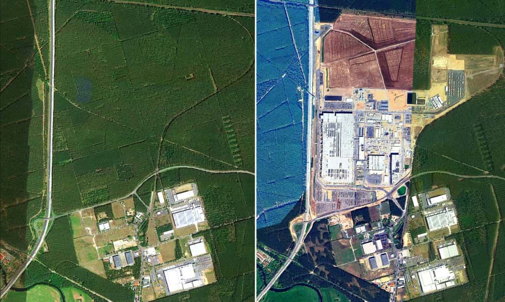 Avant et après la construction de l'usine Tesla en Allemagne. © Google Earth, capture d'écran <em>The Guardian</em>