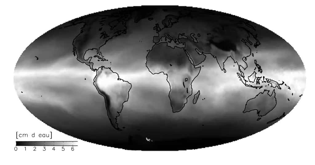 Carte de la quantité de vapeur d’eau dans l’atmosphère : elle dépend de la température et donc de la latitude. © FM Bréon, Nasa