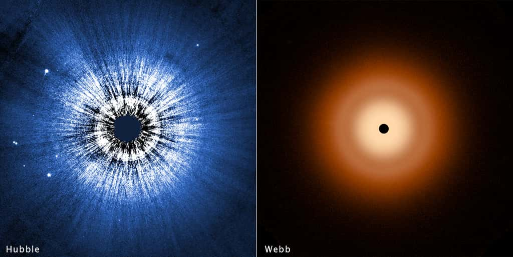 À gauche : une vue en fausses couleurs du télescope spatial Hubble d'un disque de poussière de 160 milliards de kilomètres de large autour de l'étoile d'été Véga. Hubble détecte la lumière réfléchie par la poussière de la taille de particules de fumée, en grande partie dans un halo à la périphérie du disque. Le disque est très lisse, sans aucune trace de grosses planètes intégrées. La tache noire au centre bloque la lueur brillante de la jeune étoile chaude. À droite : le télescope spatial James-Webb résout la lueur de la poussière chaude dans un halo de disque. © NASA, ESA, CSA, STScI, S. Wolff (Université d'Arizona), K. Su (Université d'Arizona), A. Gáspár (Université d'Arizona)