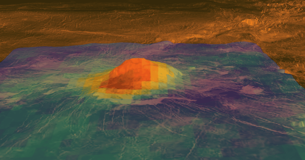 Cette image en fausses couleurs est une superposition des mesures de l'excès de chaleur par Venus Express en 2007 avec un élément de la cartographie radar de <em>Idunn Mons</em> par Magellan. L'altitude de 2,5 kilomètres a été exagérée par rapport à la plaine environnante qui s'étend sur 200 kilomètres environ. Les couleurs, reliées au flux de chaleur, indiquent un changement de composition au sommet du volcan. © Nasa-ESA
