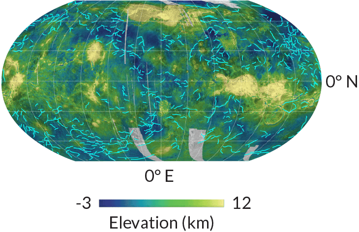 Les lignes bleu clair sur cette carte de Vénus, basées sur des images de la sonde Magellan, sont des limites de blocs crustaux qui bougent probablement, selon une nouvelle étude. © Paul Byrne