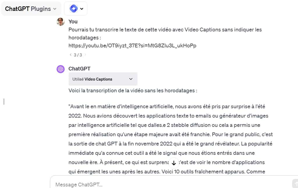 La transcription effectuée par le plugin Video Captions est de qualité honorable. © ChatGPT