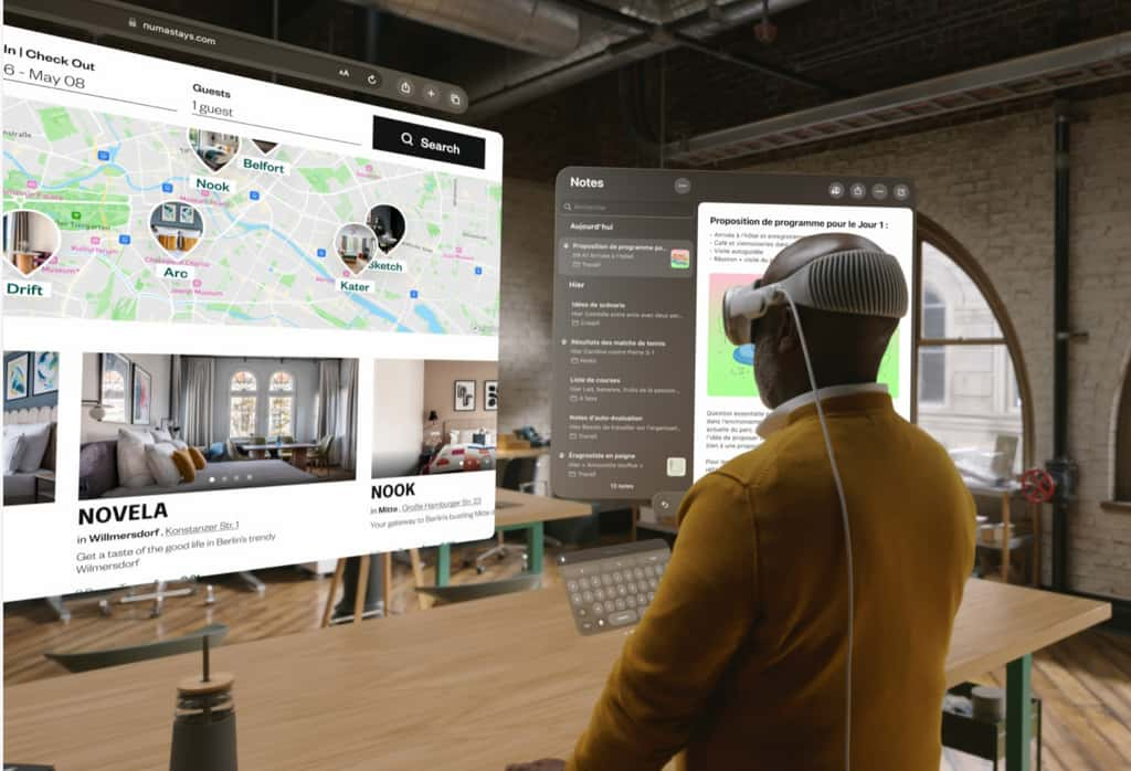 Le casque Vision Pro permet d’afficher un espace de travail gigantesque dans son propre environnement physique. © Apple