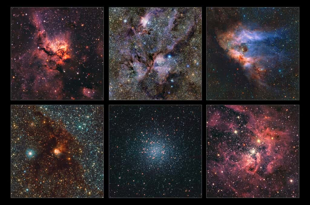 Ce collage met en valeur une petite sélection de régions de la Voie lactée photographiées dans le cadre de la carte infrarouge la plus détaillée jamais réalisée de notre Galaxie. On y voit, de gauche à droite et de haut en bas : NGC 3576, NGC 6357, Messier 17, NGC 6188, Messier 22 et NGC 3603. Tous sont des nuages ​​de gaz et de poussière où se forment des étoiles, à l'exception de Messier 22, qui est un groupe très dense de vieilles étoiles. Les images ont été prises avec le télescope d'observation visible et infrarouge pour l'astronomie de l'ESO (Vista) et sa caméra infrarouge Vircam. La gigantesque carte à laquelle appartiennent ces images contient 1,5 milliard d'objets. Les données ont été recueillies sur une période de 13 ans dans le cadre de l'enquête <em>VISTA Variables in the Via Lactea</em> (VVV) et de son projet complémentaire, l'enquête VVV eXtended (VVVX). © Enquête ESO/VVVX