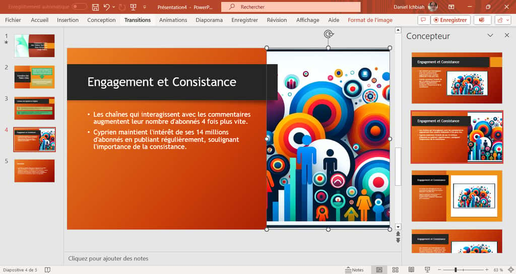 Le visuel est inséré dans Powerpoint. Le Concepteur aide à intégrer l’image en question de manière esthétique. © Microsoft