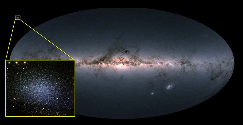 Un zoo sur la galaxie naine Leo I avec une image de la Voie lactée prise par Gaia. © ESA/Gaia/DPAC; SDSS