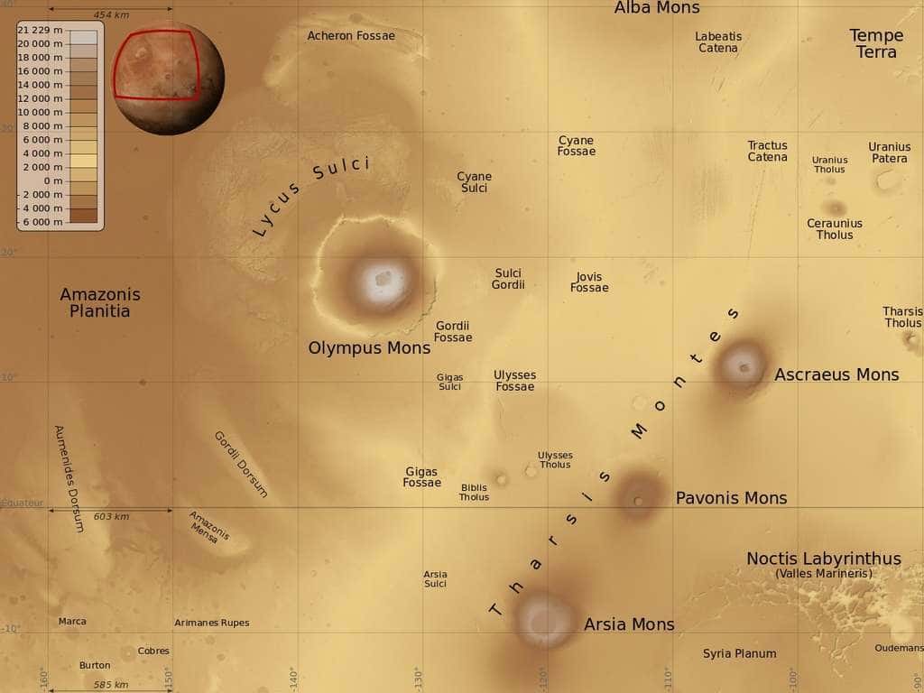 Sur Mars, le plateau de Tharsis abrite les plus grands volcans du Système solaire. © Nasa, MGS 