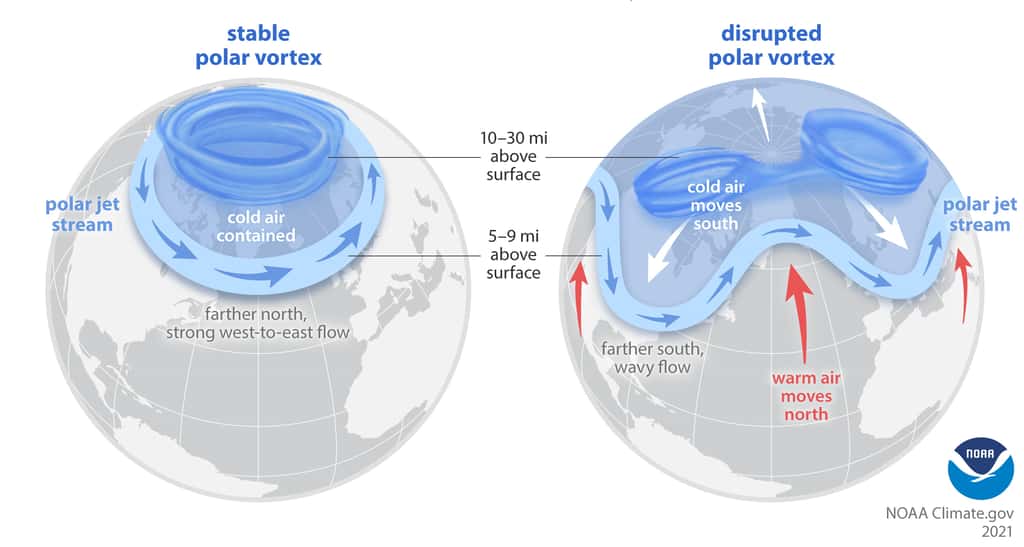 La différence entre un vortex polaire fort (à gauche) et un vortex polaire faible qui s'affaisse (à droite). © NOAA