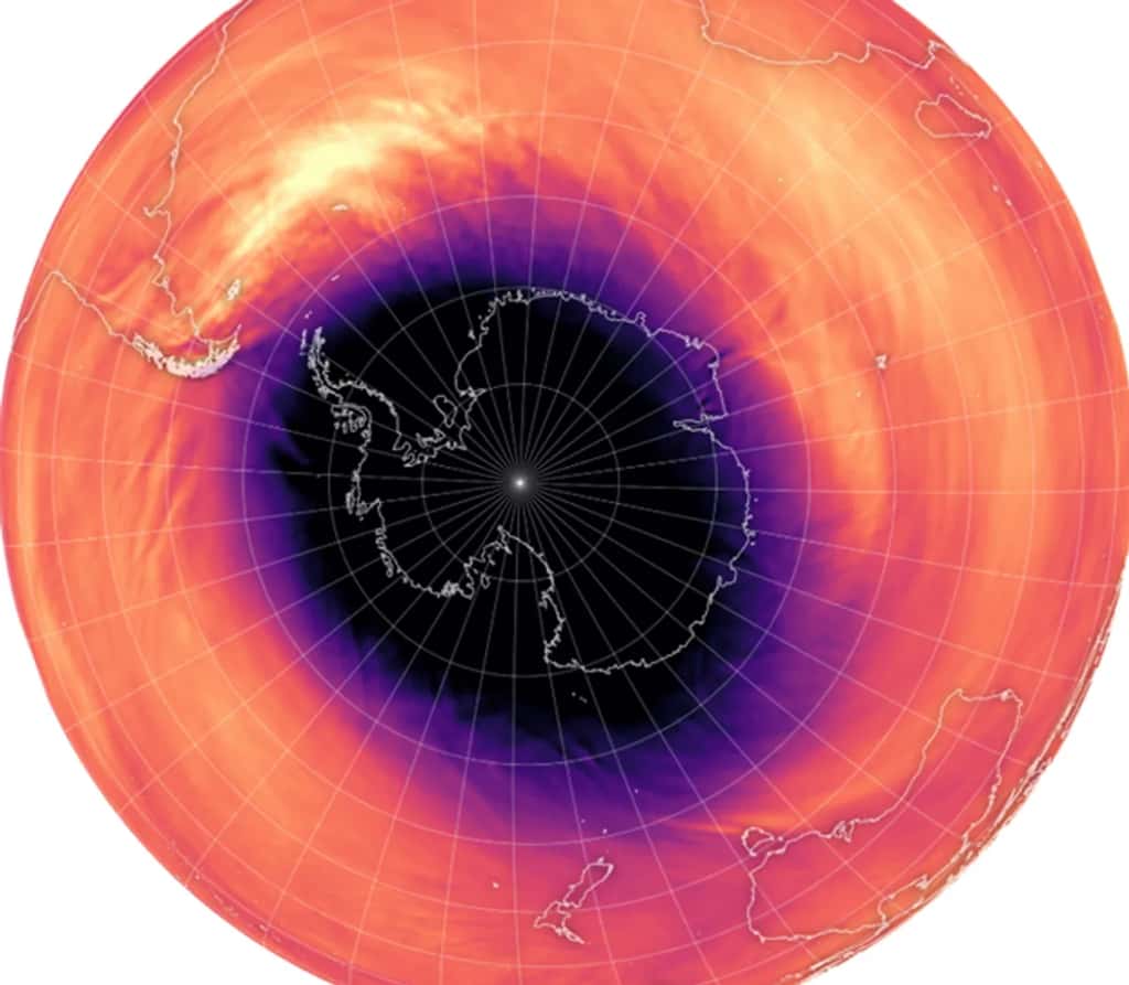 Relevés de la température de l’air illustrant le vortex polaire austral au-dessus de l’Antarctique en août 2023. © Nasa