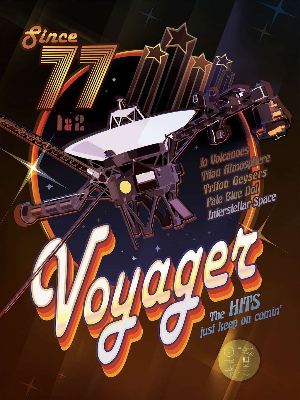 Une touche vintage et disco pour cette affiche fêtant le 40<sup>e</sup> anniversaire du lancement de Voyager 1 et 2. © Nasa, JPL-Caltech