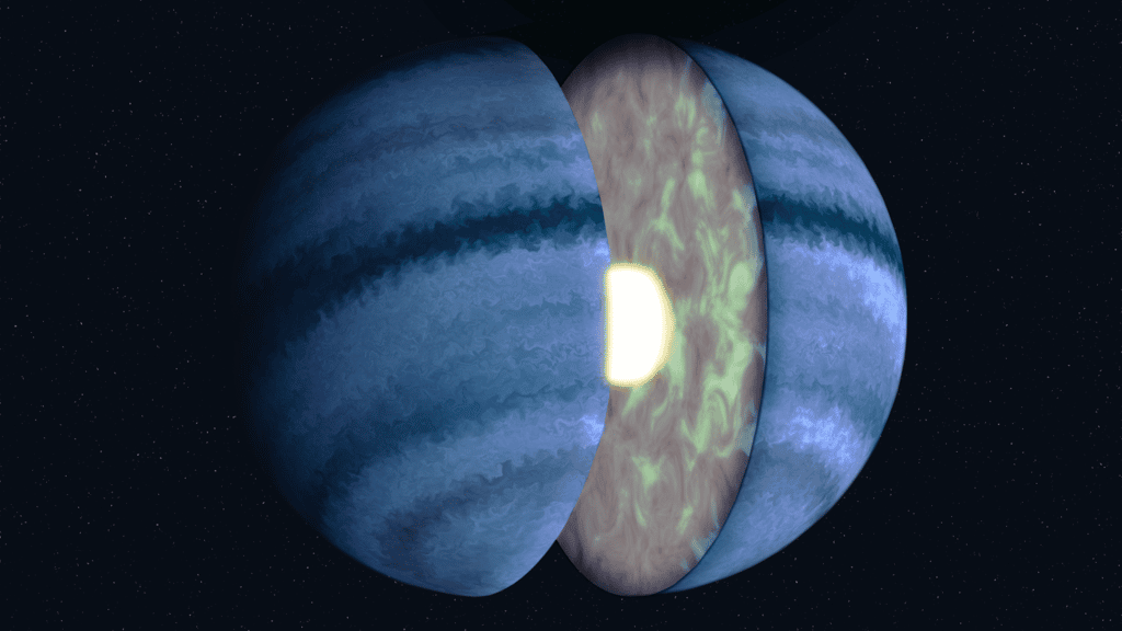 Le concept de cet artiste montre à quoi pourrait ressembler l’exoplanète chaude Neptune Wasp-107 b, sur la base des données récentes recueillies par le télescope spatial James-Webb de la Nasa, ainsi que des observations précédentes du télescope spatial Hubble et d’autres observatoires. Les observations capturées par la WFC3 de Hubble (<em>Wide Field Camera 3</em>), la NIRCam (<em>Near-Infrared Camera</em>) de Webb, le NIRSpec (<em>Near-Infrared Spectrograph</em>) de Webb et le Miri (<em>Mid-Infrared Instrument</em>) de Webb suggèrent que la planète possède un noyau relativement grand entouré d'une masse relativement petite d'hydrogène et d'hélium gazeux. © Roberto Molar Candanosa, Université Johns Hopkins