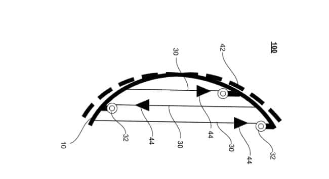 Voici un dessin schématisant le concept de carrosserie déformable breveté par Waymo. La zone pointillée représente la partie externe qui pourrait s’assouplir en cas de choc avec un piéton. © Waymo