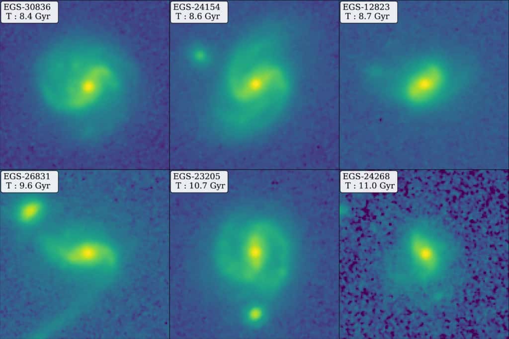 Montage d'images JWST montrant six exemples de galaxies barrées, dont deux représentent les âges les plus élevés quantitativement identifiés et caractérisés à ce jour. Les étiquettes en haut à gauche de chaque figure montrent les âges des observations de chaque galaxie, allant de 8,4 à 11 milliards d'années (Gyr), lorsque l'Univers n'avait que 40 % à 20 % de son âge actuel. © Nasa, CEERS, Université du Texas à Austin