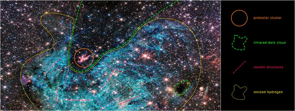 L'image du James-Webb complétée d'une légende. En bas à droite, on voit un important globule de Bok désigné par <em>infrared-dark cloud</em> et, à gauche, l'amas de proto-étoiles, c'est-à-dire toujours en anglais <em>protostar cluster</em>. © Nasa, ESA, CSA, STScI, S. Crowe (UVA)