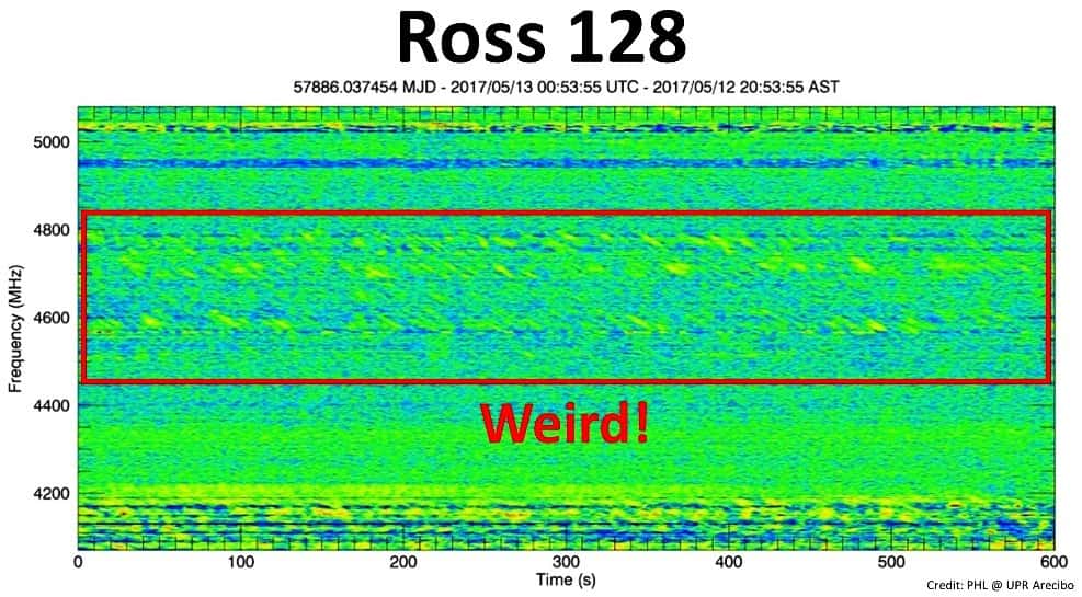 Le signal Weird a duré une dizaine de minutes dans la bande de fréquence encadrée ici en rouge. © Planetary Habitability Laboratory, @ UPR Arecibo