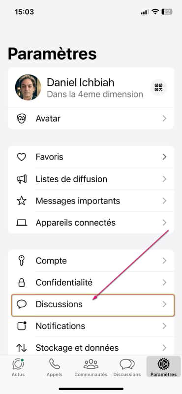 C’est l’option « Discussions » qui va donner accès à la sauvegarde. © WhatsApp