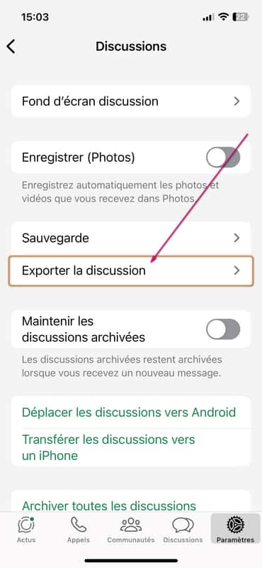 L’option « Exporter la discussion ». © WhatsApp