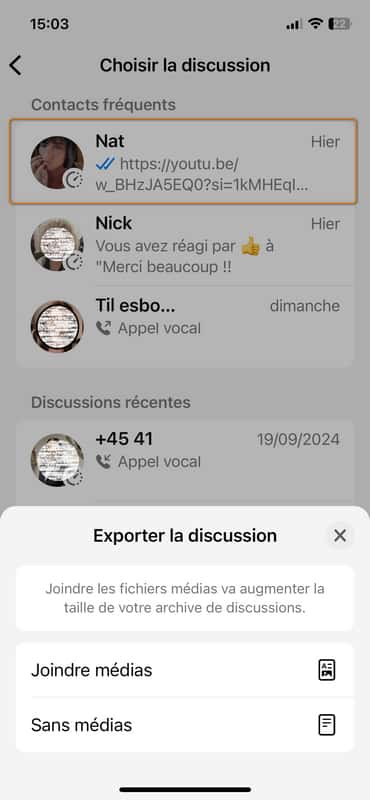 Sauvegarde des discussions avec une personne particulière. © WhatsApp