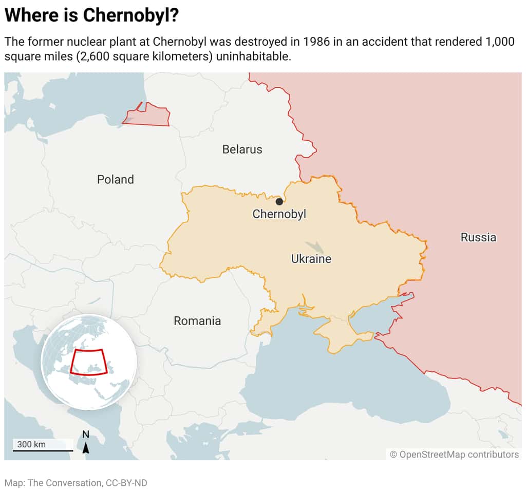 La centrale de Tchernobyl, aussi appelée Chernobyl, se trouve au nord de l'Ukraine. © <em>The Conversation</em>, CC by-nd