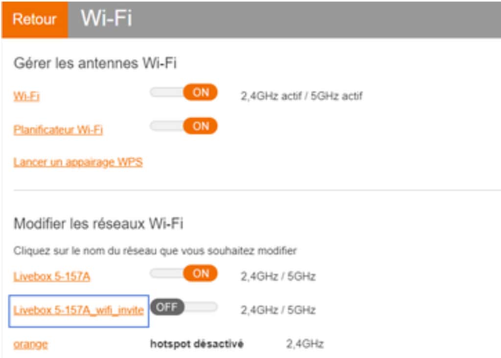 Chez Orange, la mise en place du réseau « invité » se fait facilement, à partir de l’interface de réglage. On peut alors voir s’ajouter un nouveau réseau WiFi. © Orange