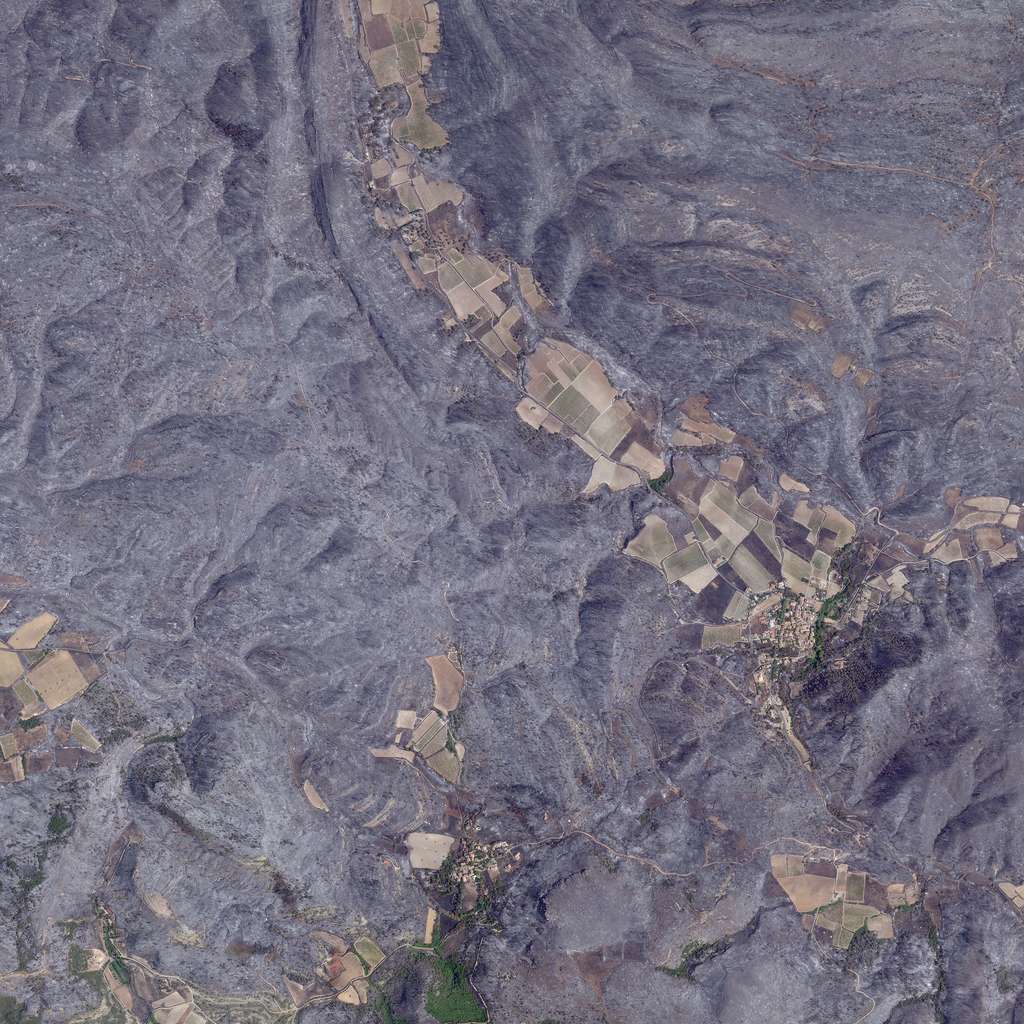 Cette image, de 50 centimètres résolution, montre l'efficacité de la stratégie des pompiers qui ont réussi à protéger une grande partie des cultures et la ville de St-Laurent-de-la-Cabrerisse. © Planet Labs PBC