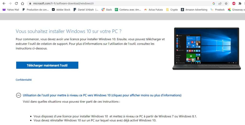 L’installation de la version gratuite de Windows 10 peut être effectuée directement depuis cette page du site de Microsoft. © Microsoft