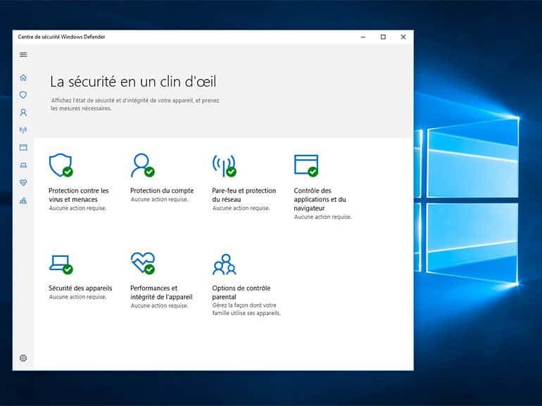 L'écran d'accueil de Windows Defender. © Microsoft
