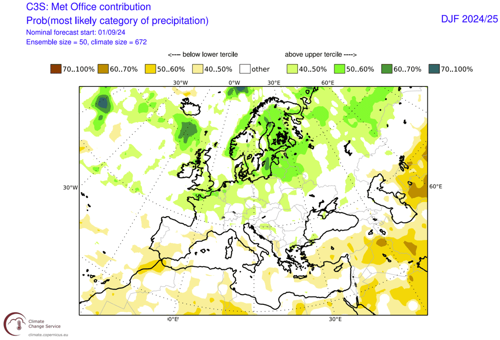 Les précipitations prévues, comparées à la moyenne, entre décembre et février. © Copernicus, capture <em>Severe Weather Europe</em>