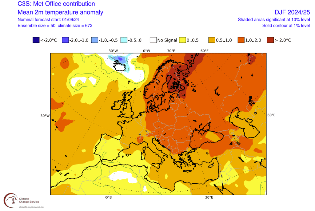 Les températures prévues, comparées à la moyenne, entre décembre et février. © Copernicus, capture <em>Severe Weather Europe</em>