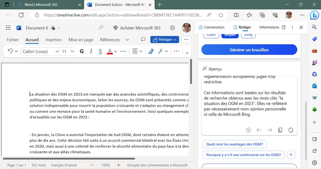 Le texte généré dans la fenêtre de droite peut être copié-collé dans Word.