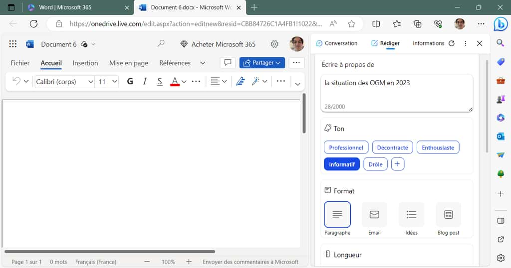 Appel de ChatGPT depuis Word  en ligne, à partir du navigateur Edge. Nous pouvons définir, outre le thème souhaité, un ton pour l’article, la destination, une longueur souhaitée, etc. © Microsoft