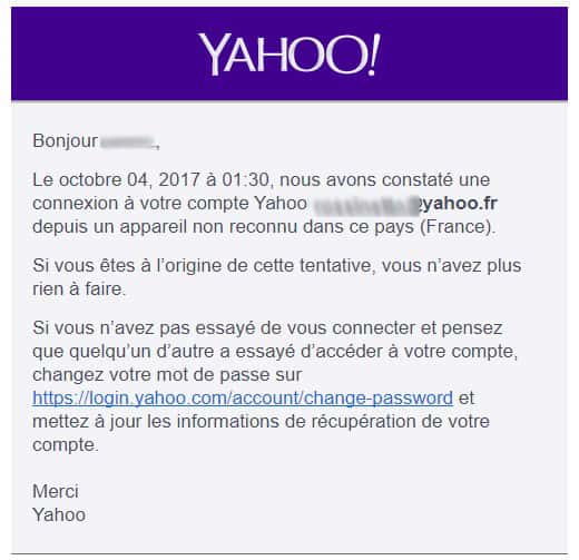 Cette capture d’écran du compte Yahoo! de l’auteur montre le message reçu dans la foulée de l’annonce par Verizon sur l’ampleur du piratage. © Marc Zaffagni, Futura