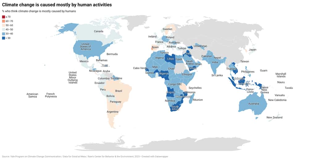 La part d'habitants de chaque pays qui pensent que le changement climatique est lié aux activités humaines : en rose et rouge, plus de 50 % ; en bleu moins de de 50 %. © Université Yale